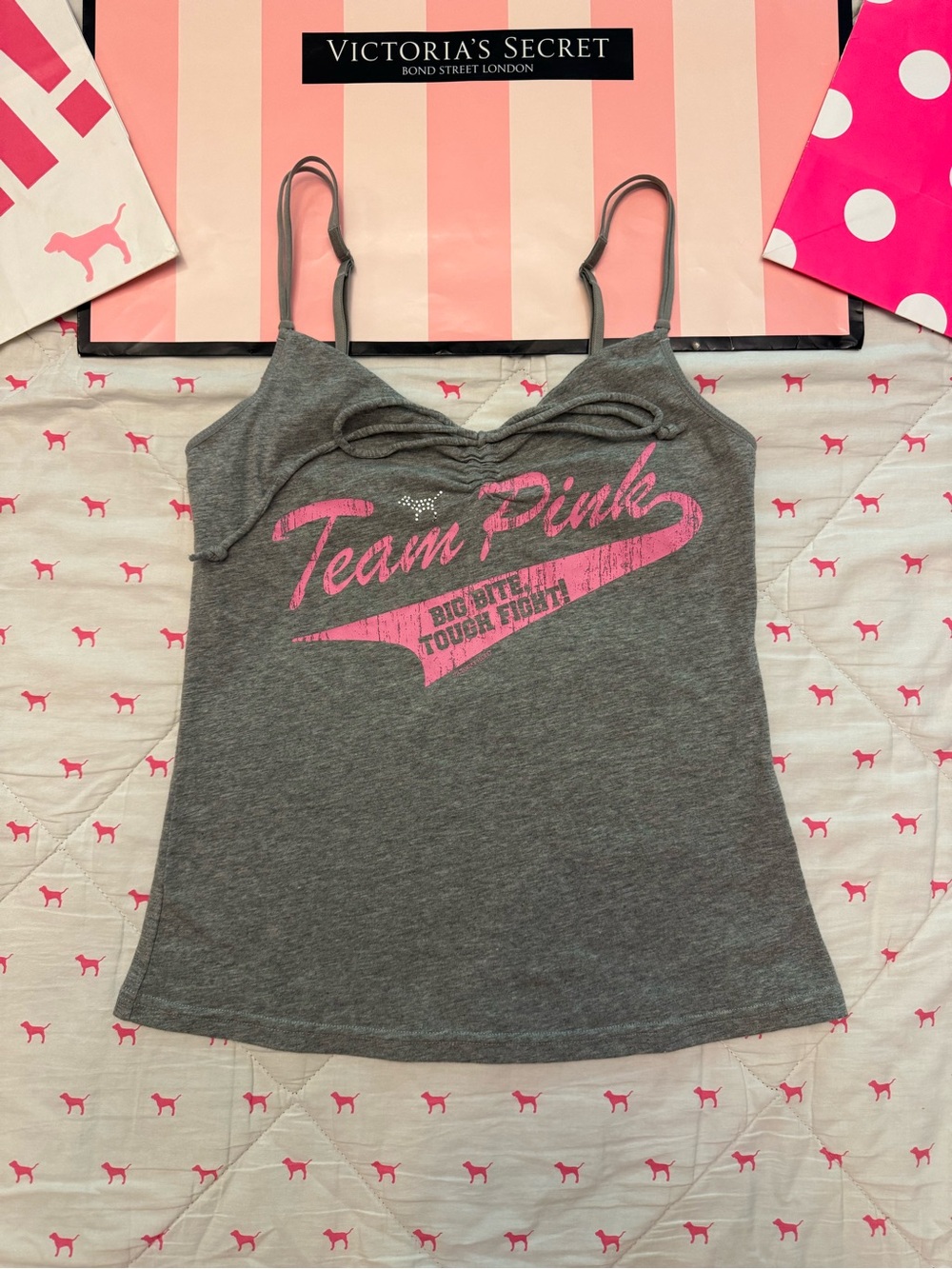 VS PINK VINTAGE Y2K CAMI TANK TOP GRAY “TEAM PINK” BLING DOG PUP LOGO HTF NWOT M